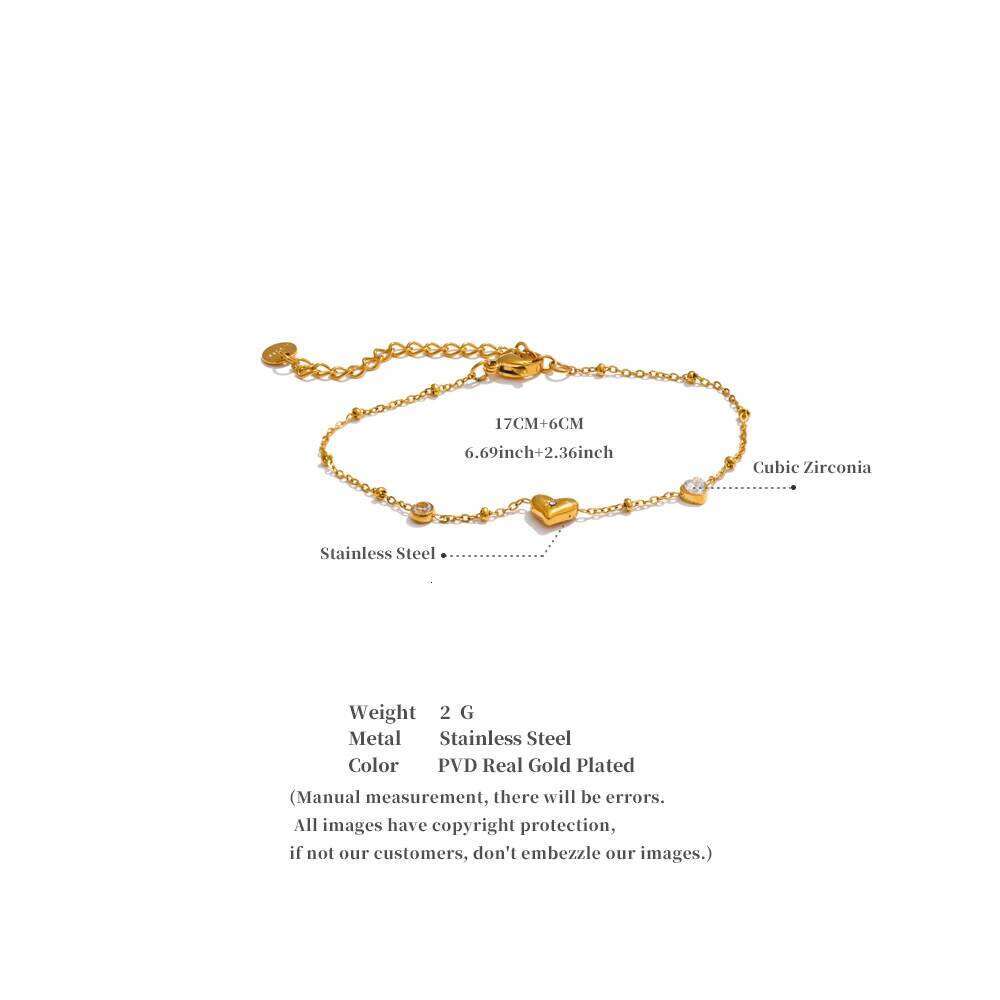 Yhpup Exquisite Stainless Steel Zircon Heart Love Chain Bracelet Bangle for Women Rust Proof Charm Wrist Jewelry Accessories 25H1229