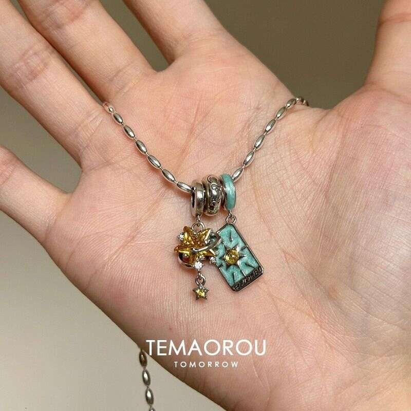 "Ascended Hermit" Blue Shimmer Oil-Drip Tarot Card Star Running Ring Pendant Necklace Spring Summer New Clavicle Chain