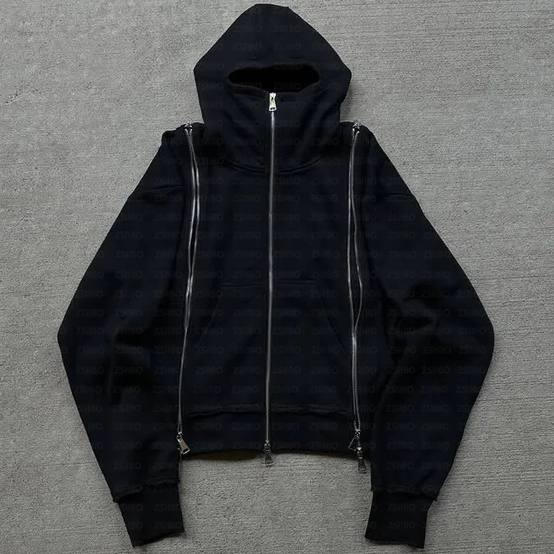 Black zippered double-sleeved shorts suit hooded sweatshirt sports suit American high street casual patchwork jacket 251223