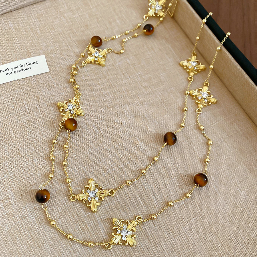 Inlaid Diamond Tiger Eye Stone Cross Necklace Melad Vintage Style Niche Sweater Light Luxury High-end Neck Chain for Women