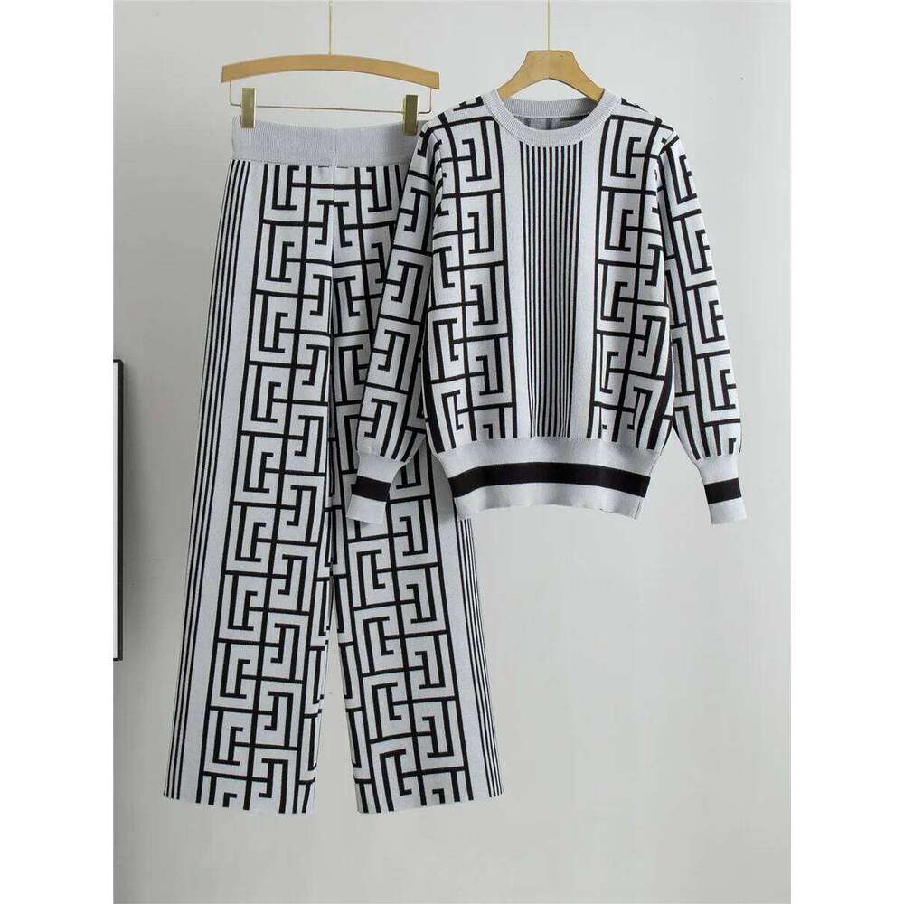 Chic Mardi Hefxessdr Loose Knitted Pieces Sets Women Casual Knitwears O neck Pullover Tops Conjuntos Korean High Waist Wide Leg Pants Outfit