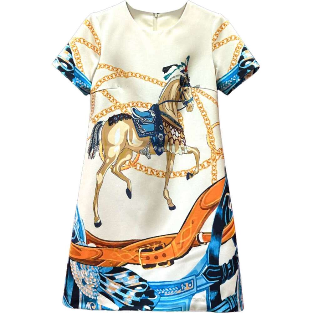 Socialite Vintage Print Short Sleeves A- Line European High-End Round Neck Loose Elegant Women's Dress Summer New