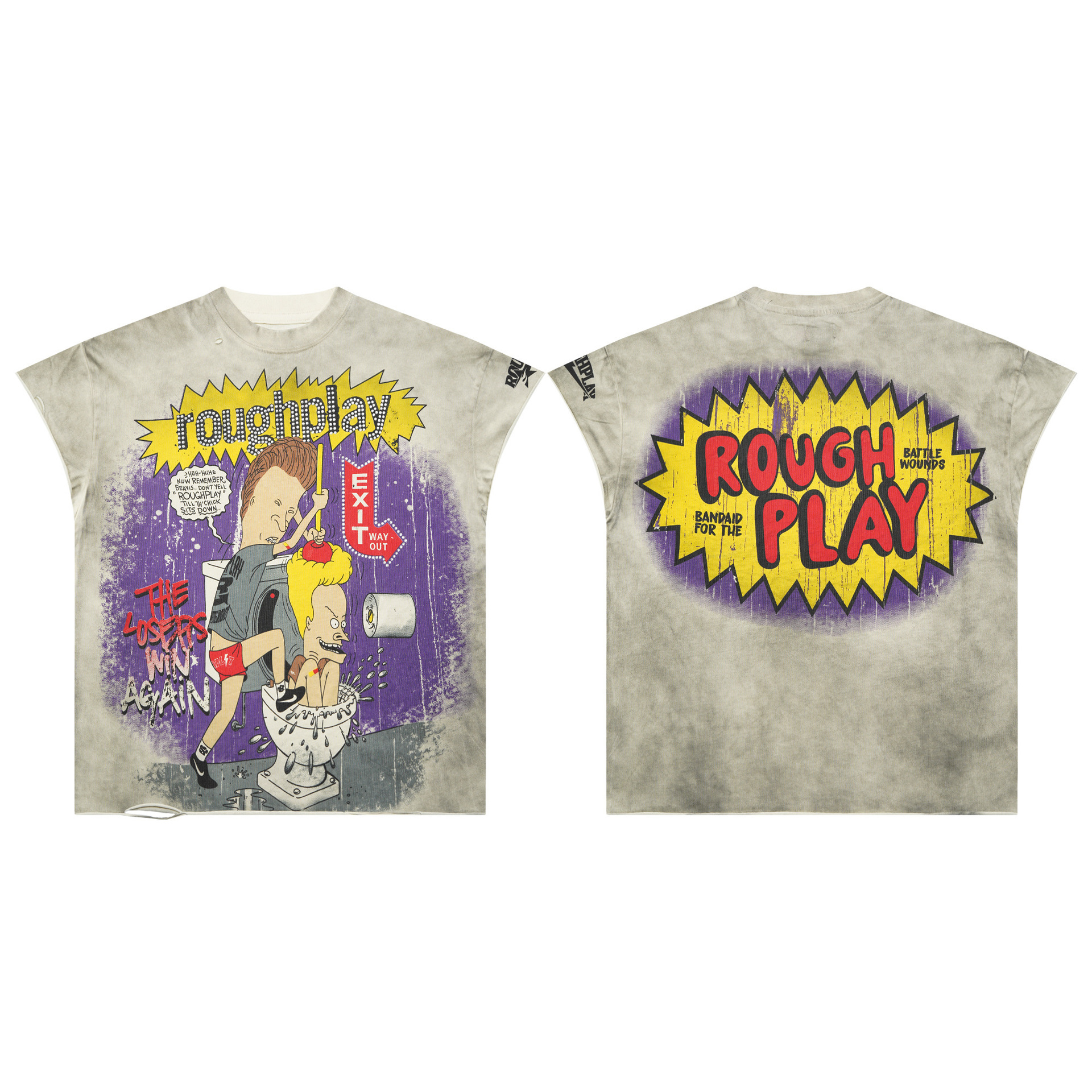 Men's T Shirts High Quality Roughplay T Shirt Real Pictures All-match Men Women Hip-hop Graffiti Print Perforated Short-sleeved Rhinestone Vest R