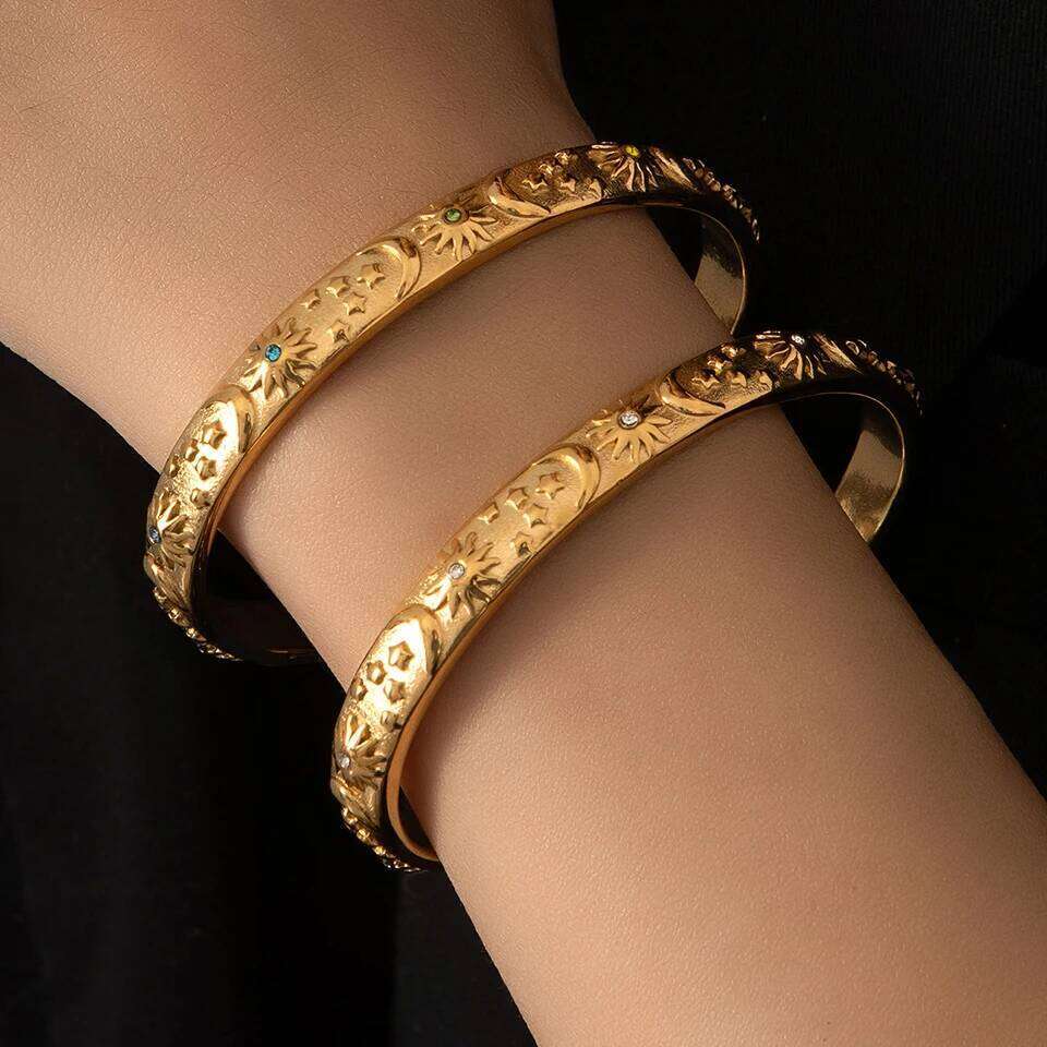 ZAKOL Stainless Steel Moon Star Sun Bangle Bracelet Gold Sliver Open Wrist Vintage Fashion Party Jewelry Gift for Women