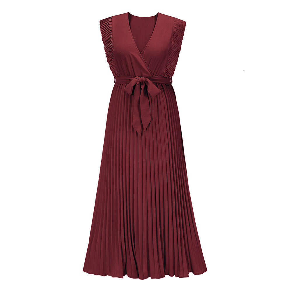 Dress for women European and American Style Elegant Beach Long Fashion Slim Sexy Ruffle Sleeve Chiffon Pleated Solid Color Dress, Vacation Maxi Outfit