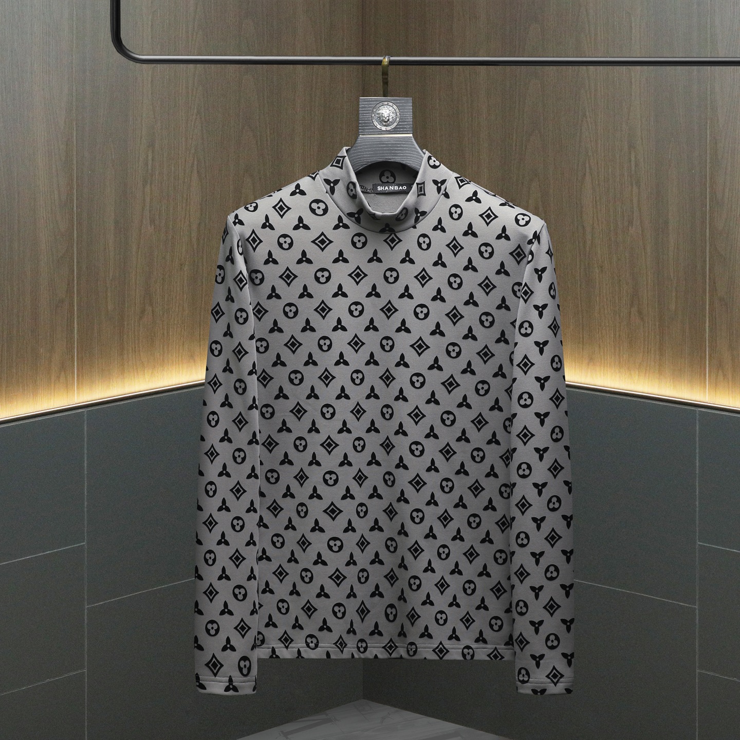 free shipping 2026 spring autumn new men's half high neck long sleeved high-quality printed T-shirt inner cloth black coffee green grey