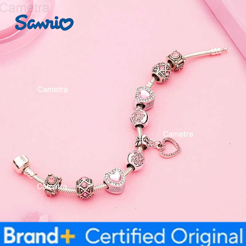 Sanrio New Valentines Romantic Pink Heart Charm Bracelet Bangle Fine Crystal Diy Bead Bracelet Jewelry for Women Girl Gift H251229