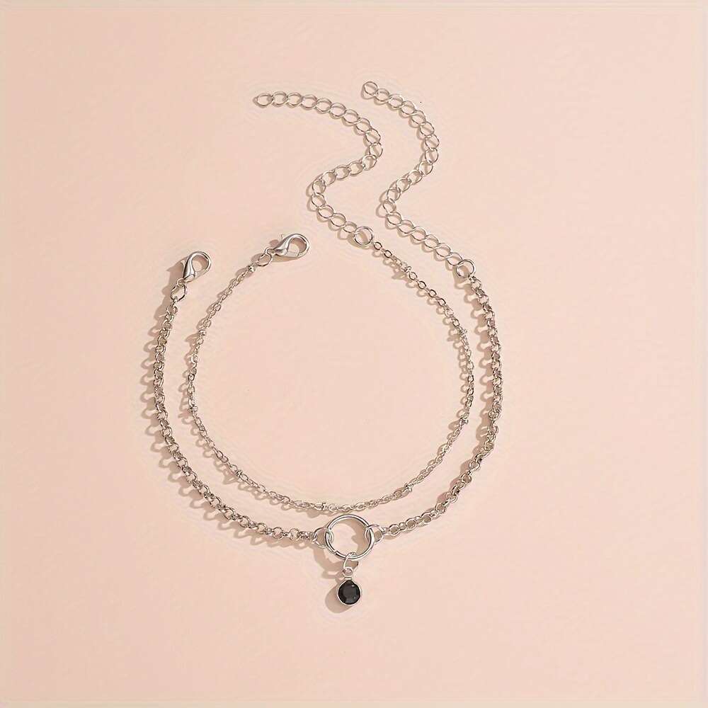 Foreign Trade Bestselling Round Gemstone Pendant Anklet Stainless Steel Double Layer Ankle Chain Fashion Layering 2024 Summer
