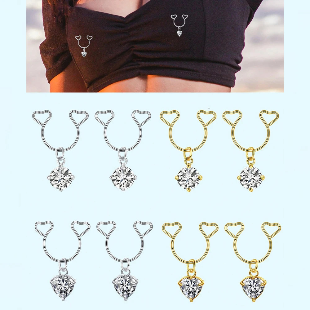 2Pcs Heart Nipple Ring With Dangle Stainless Steel Non-Piercing Nipple Rings Clip On Nipplerings Faux Body Piercing Jewelry 251224