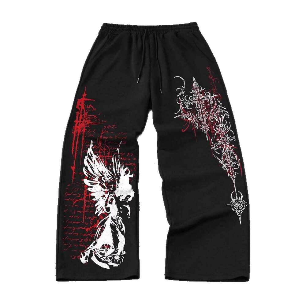 Amazon Foreign Trade European and American Cross-Border Printed Drawstring High Waist Loose Plus Size Straight Casual Long Pants for Women