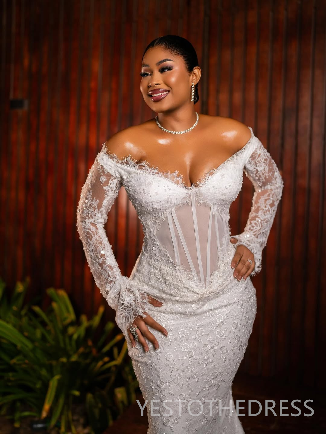 2026 Aso Ebi Arabic Mermaid Wedding Dress For Bride Bridal Gowns Illusion Off Shoulder Long Sleeves Beaded Lace Wedding Gowns for Black Women D734