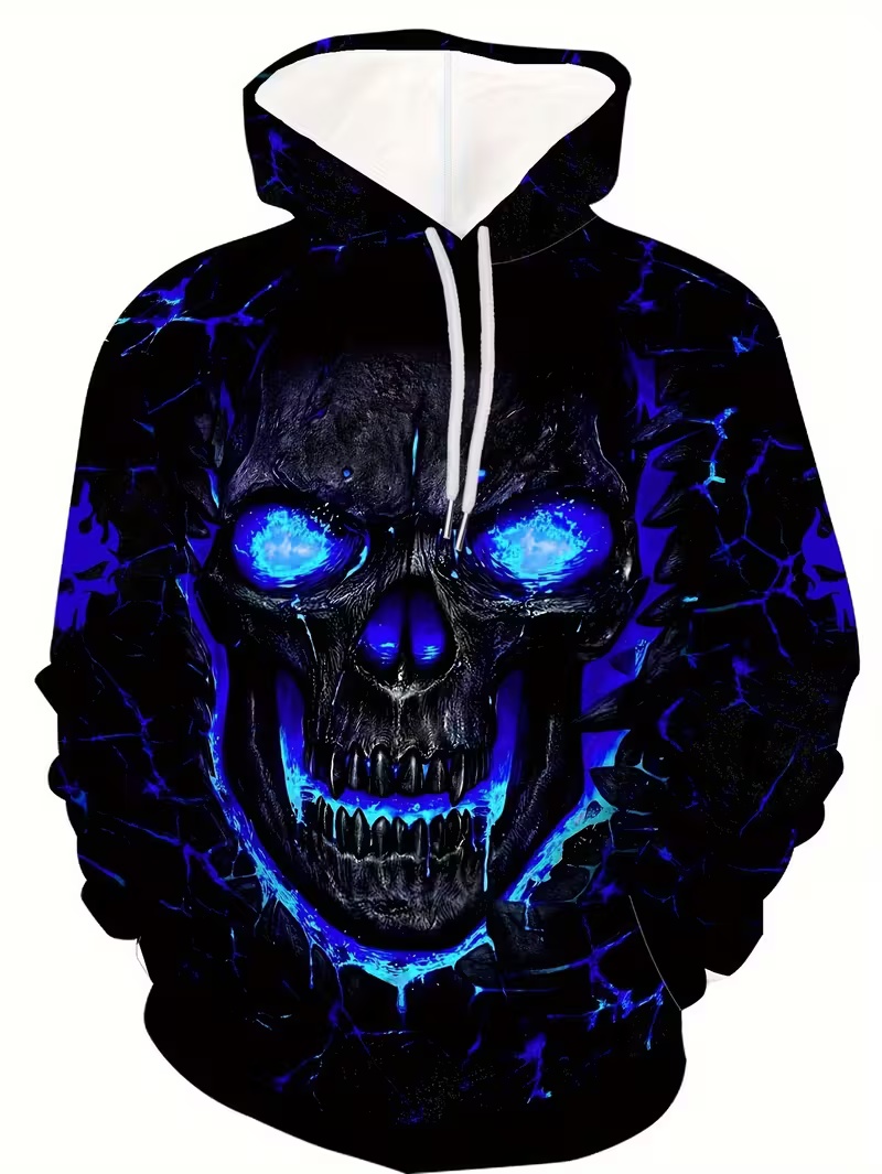 Streetwear Dark Style Men's Hoodie Full-Print Blue-Tinted Skulls 3D Printed Unique Streetwear Oversized Pullover Hip-Hop Hoodie
