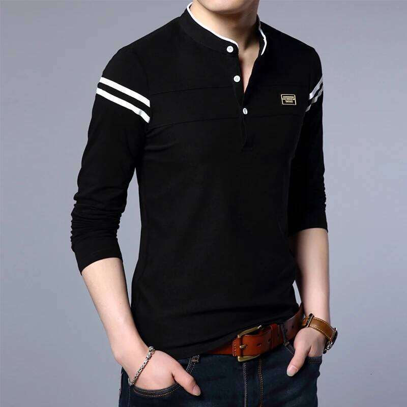 Men's Fashion Summer Sleeved POLO T-Shirt Casual Cotton Breathable Top Stand Up Neck Long Sleeve Korean Comfortable Shirt
