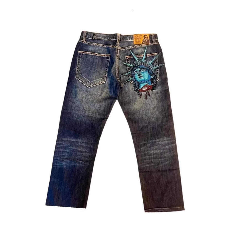 2025 New European American Cross-Border Statue of Liberty Vintage Washed Jeans for Men and Women Trendy Straight-Leg Pants