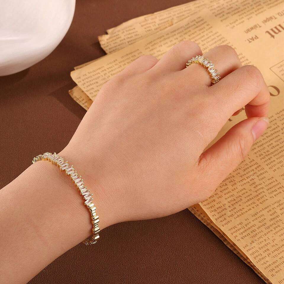ZAKOL Classic Colorful Baguette Zircon Bangle Rings for Women Shiny Crystal Engagement Wedding Jewelry Christmas Gift