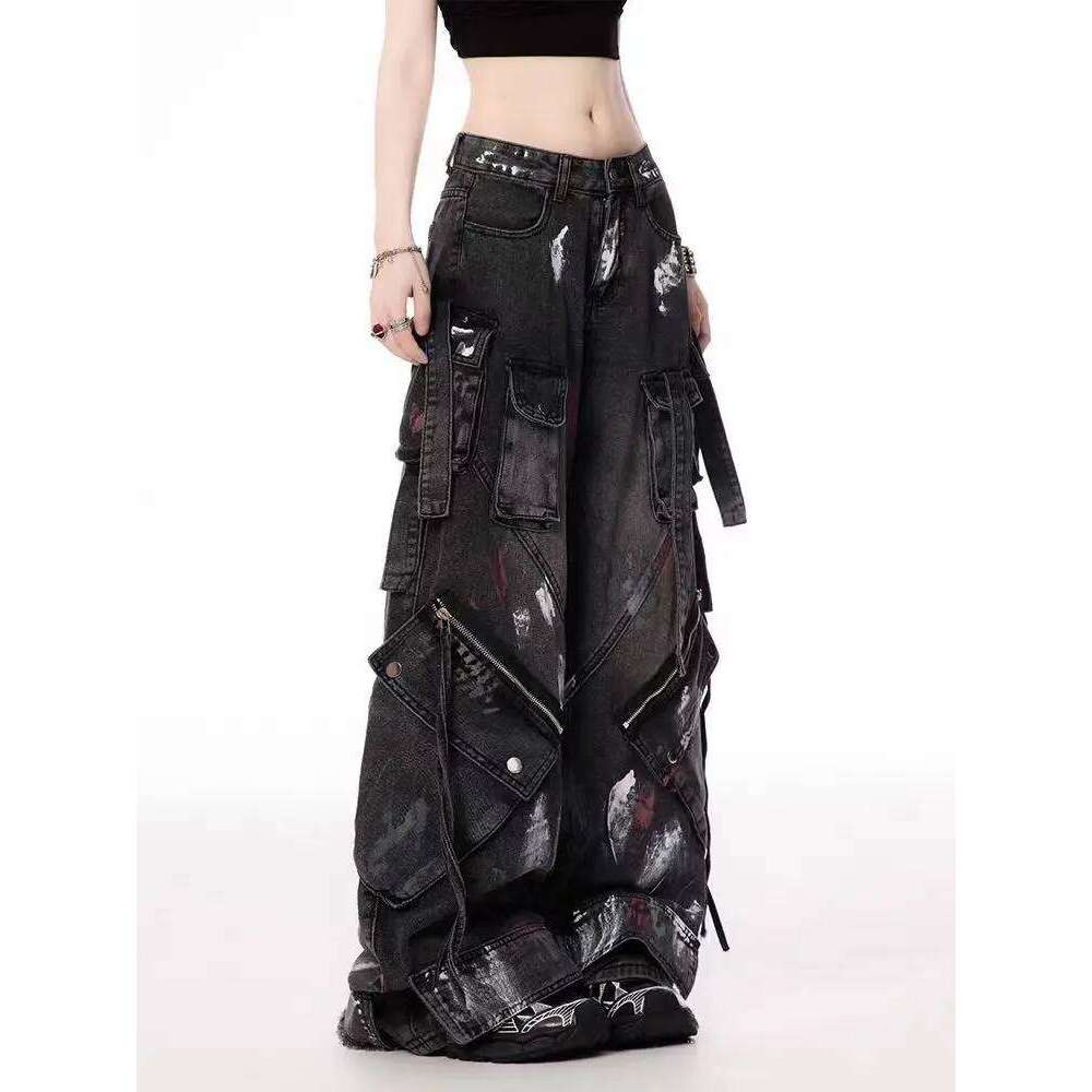 Y2K Harajuku Gothic Multi-Pocket Washed Black Jeans Men And Women 2000s Heavy Industry Drag Street Hip Hop Wide Leg Pants