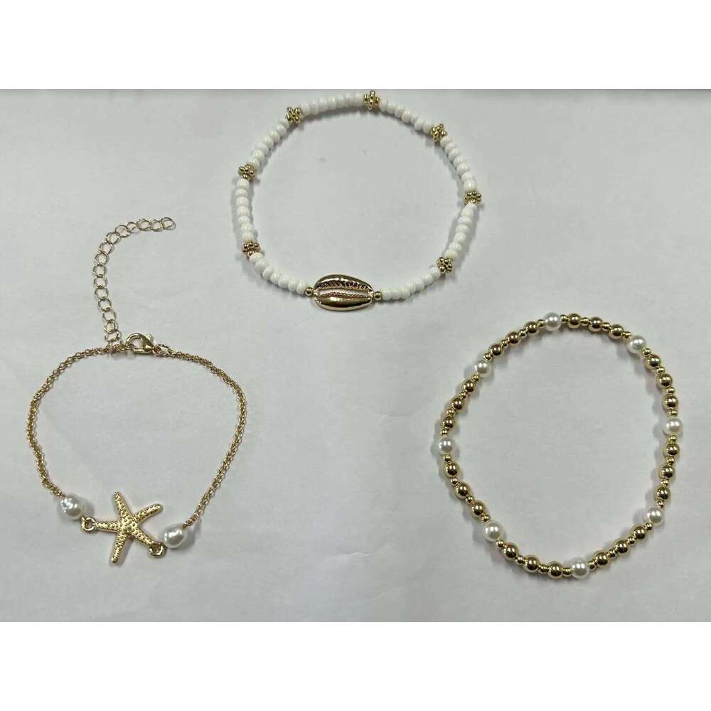 Women's Bohemian Style Beach Vacation Ankle Chains Three-Layer Foot Accessories With Rice Pearls Seashells And Starfish