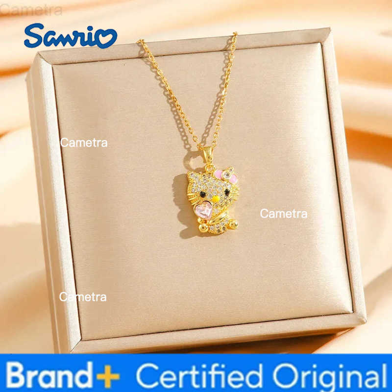 Sanrio Stainless Steel Chain Sweet Pink Heart Zircon Hello Kitty Pendant Necklaces for Women Girl Jewelry Accessories Daily Gift H251229