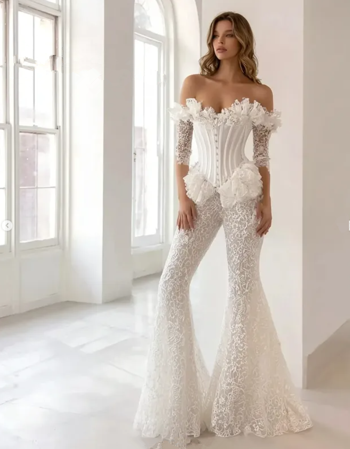 Off Shoulder Half Sleeve Jumpsuit Wedding Dresses 3D Floral Lace Boning Corset Top Beach Garden Bridal Gown Outfit Customsized
