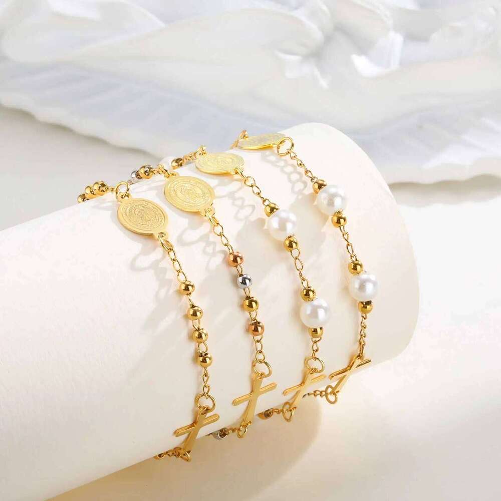 Holy Stainless Steel Cross Benedict Virgin Bracelet,Women's Gold Plated Beaded Chain Bracelets,Trendy Jewelry Gifts 25H1229
