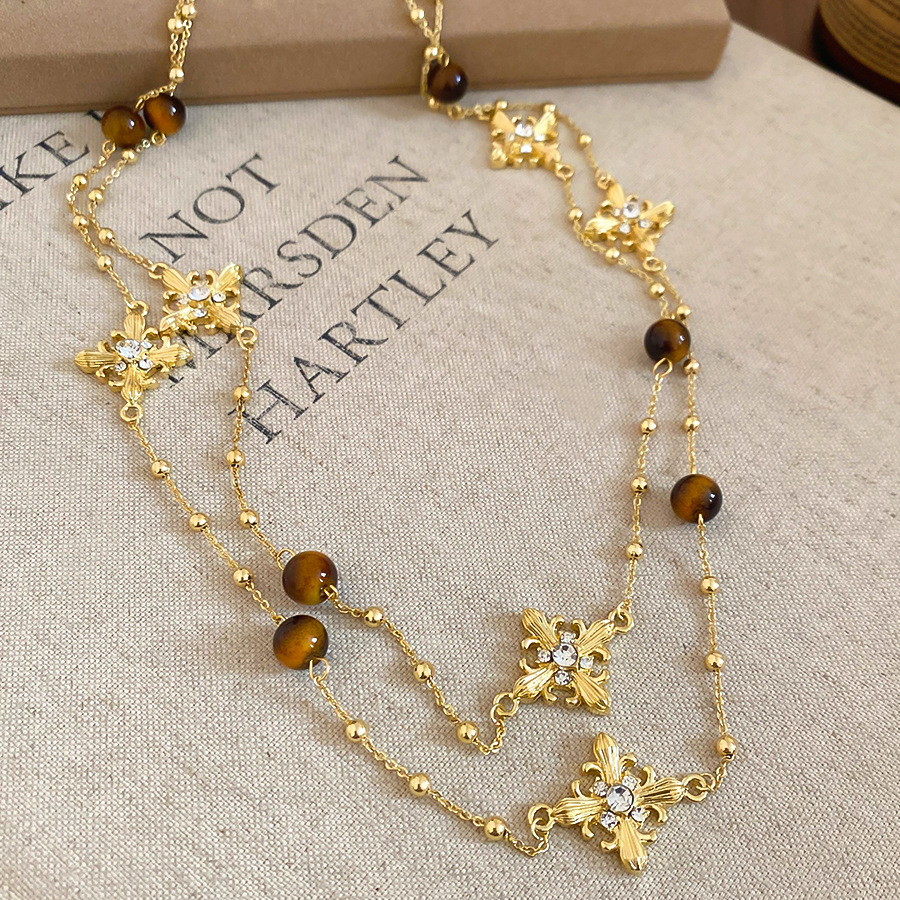 Inlaid Diamond Tiger Eye Stone Cross Necklace Melad Vintage Style Niche Sweater Light Luxury High-end Neck Chain for Women