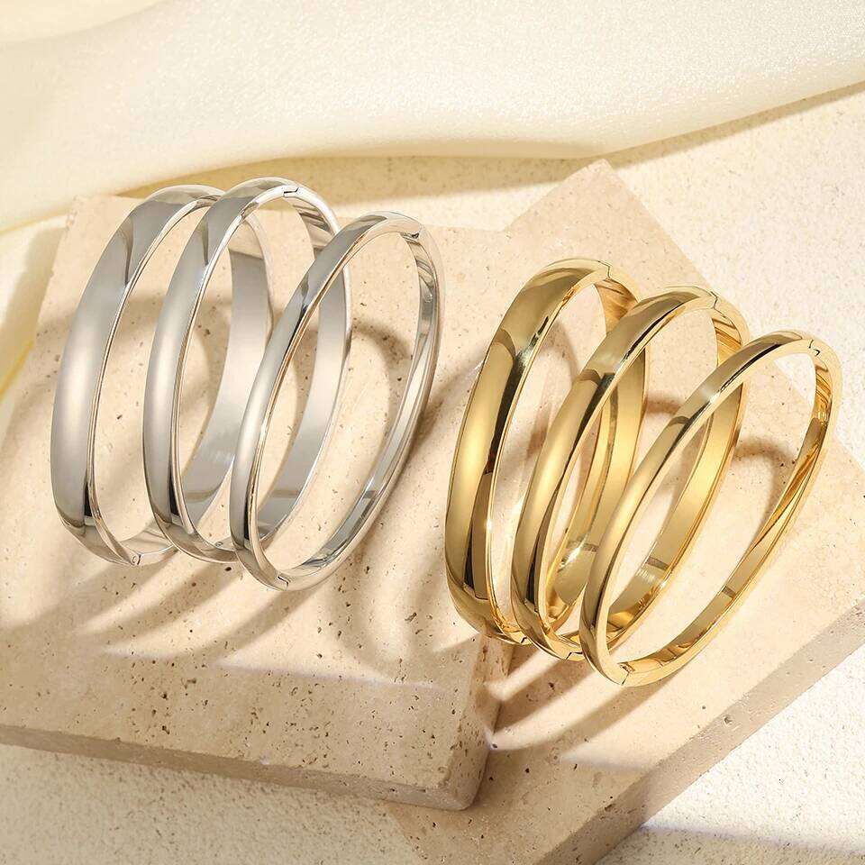 ZAKOL 3pcs Glossy 18K Gold Plated Stainless Steel Bangle Bracelet for Women Basic Wristband Bangles Waterproof Jewelry