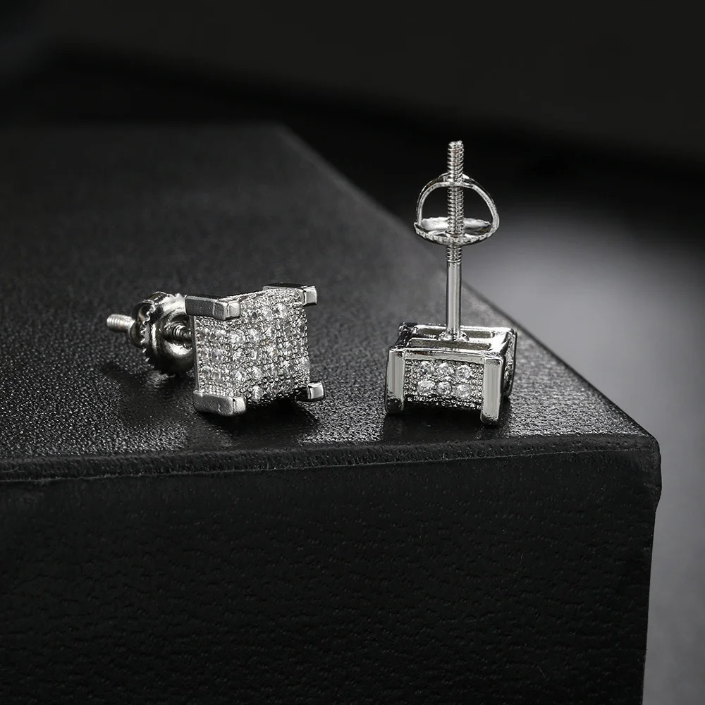 HipHop Male Small Screw Back Earring Full White Zircon Square Stud Earrings For Men Women Punk Gold Silver Color Party Jewelry 251224