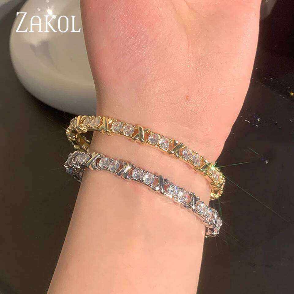 ZAKOL New Fashion X Cross Zircon White and Gold Color Cuff Bangle for Women Girl Charming Birthday Jewelry Gift