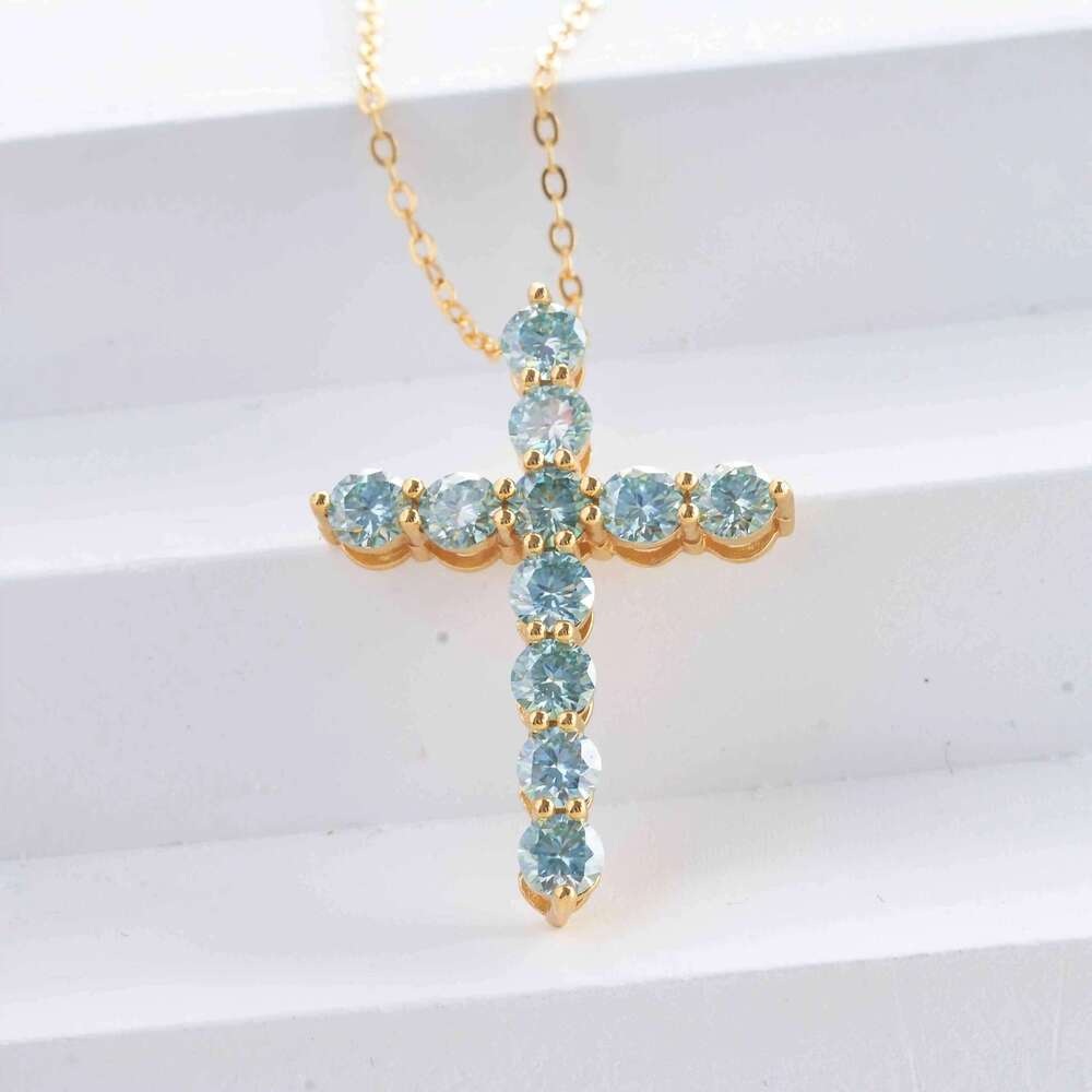 3mm/4mm Cross natural blue moissante pendant necklace 925 Sterling Silver Wedding Party fine Jewelry dating party gift 070