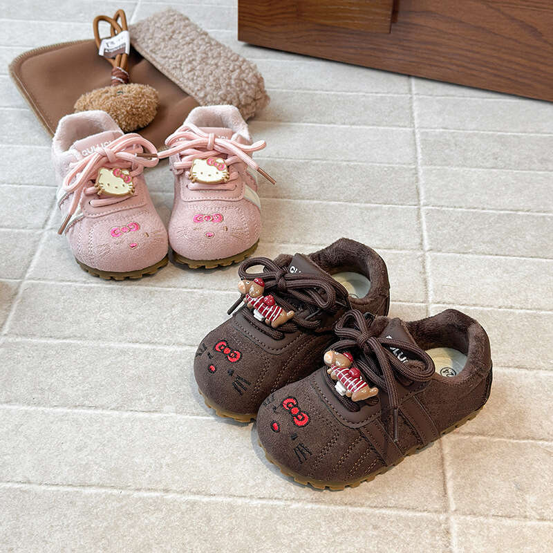 INS Children's Training 2025 Autumn Winter New Korean Style Girls' Cute Cartoon Forrest Gump Fleece-Lined Cotton Shoes