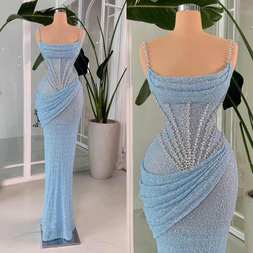 Gorgeous Spaghetti Straps Prom Dresses Elegant Sleeveless Crystal Evening Dress Floor Length Sequined Party Gown Customized