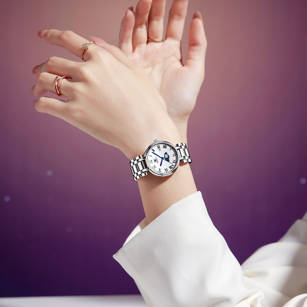 OLEVS Ladies' watch with a stylish, gentle, and high aesthetic value, niche moon phase, simple, waterproof quartz women's watch