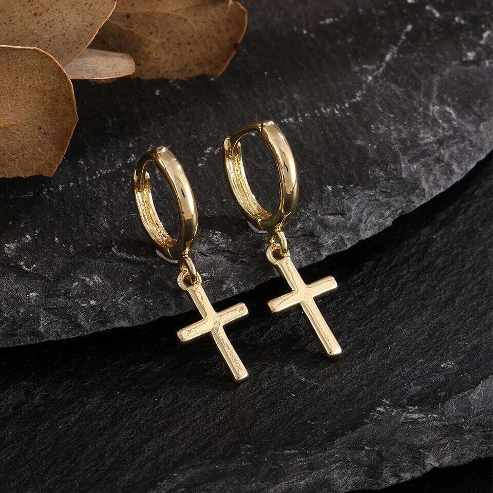 ZAKOL Golden Stainless Steel Jesus Cross Pendant Earrings for Women Men Fashion Hoop Earring Simple Daily Ear Accessories