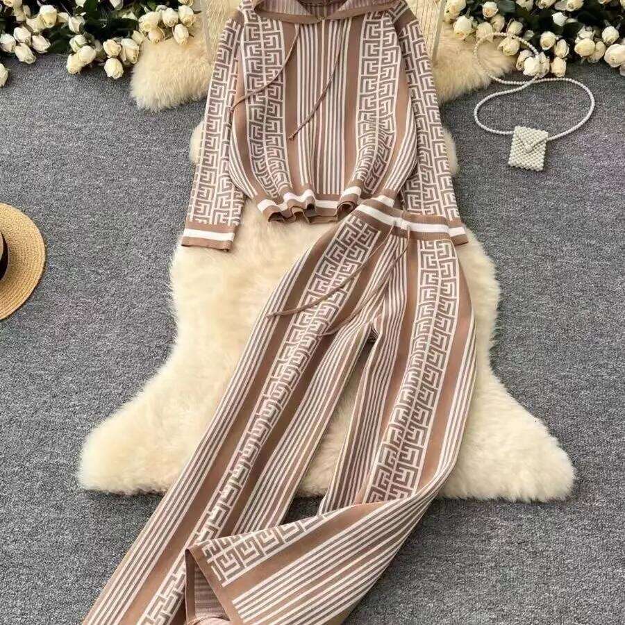 Autumn Winter Two-Piece Set Of European And American Casual Fashion Hooded Printed Knitted Sweater+Wide Leg Pants