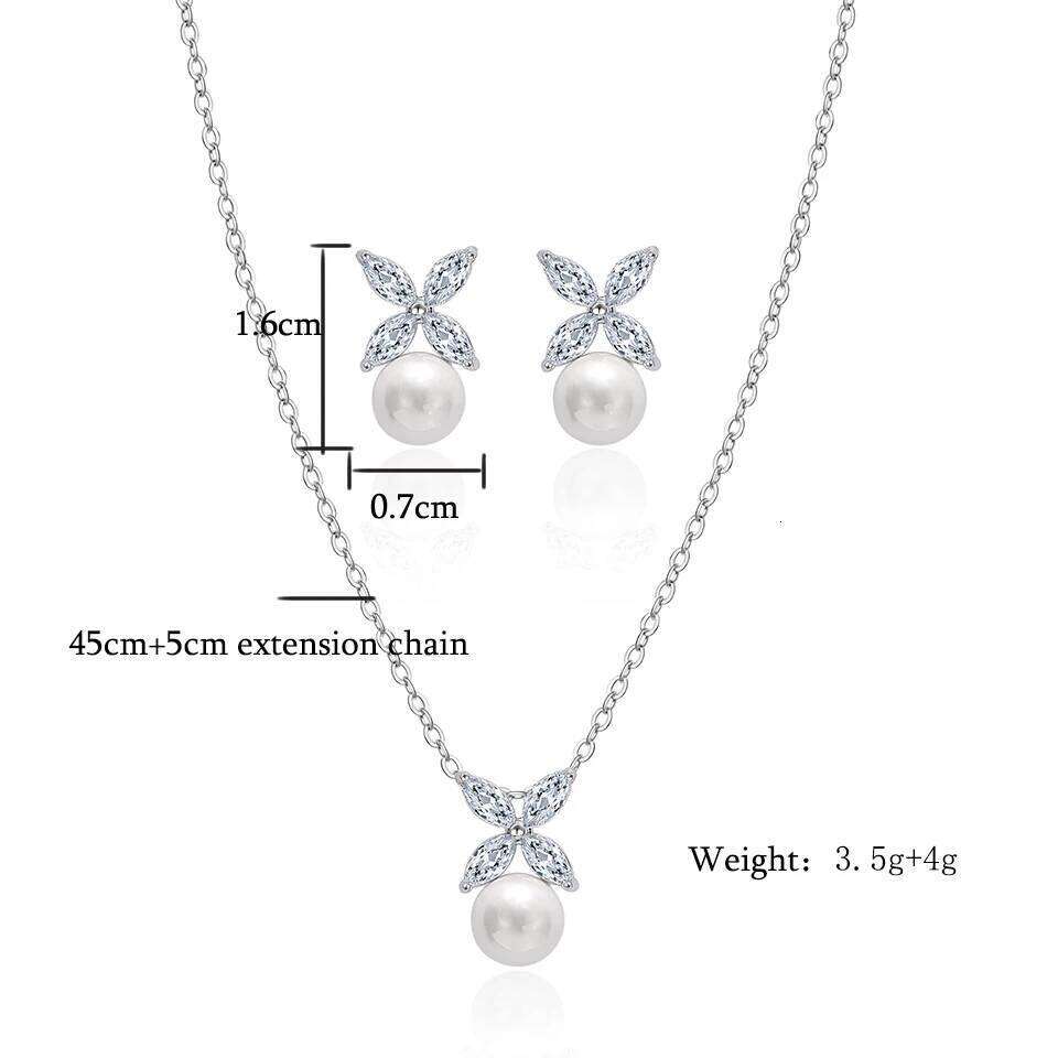 ZAKOL 2 Pcs Simple Marquise Zircon Pearl Stud Earrings Necklace Sets for Women Charm Jewelry Gift Wholesale