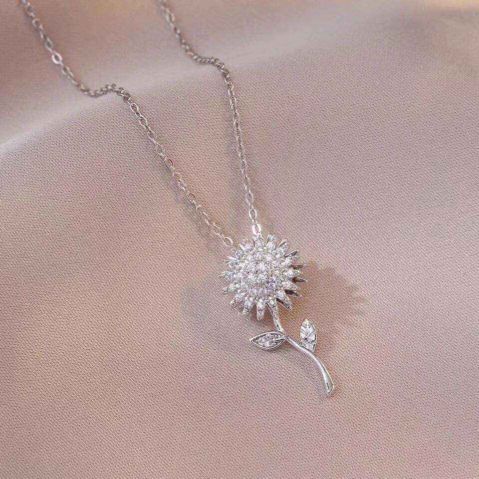 ZAKOL Exquisite Rotating Sunflower Zirconia Flower Pendant Fashion Plant Flowers Gold Color Chain Choker Necklace Gift