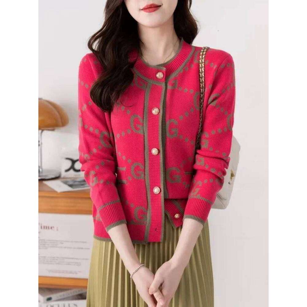 Classic Brown Letter Jacquard Sweater Cardigan Elegant Lady Button Up Knitwear Long Sleeve Jacket Winter Streetwear Women