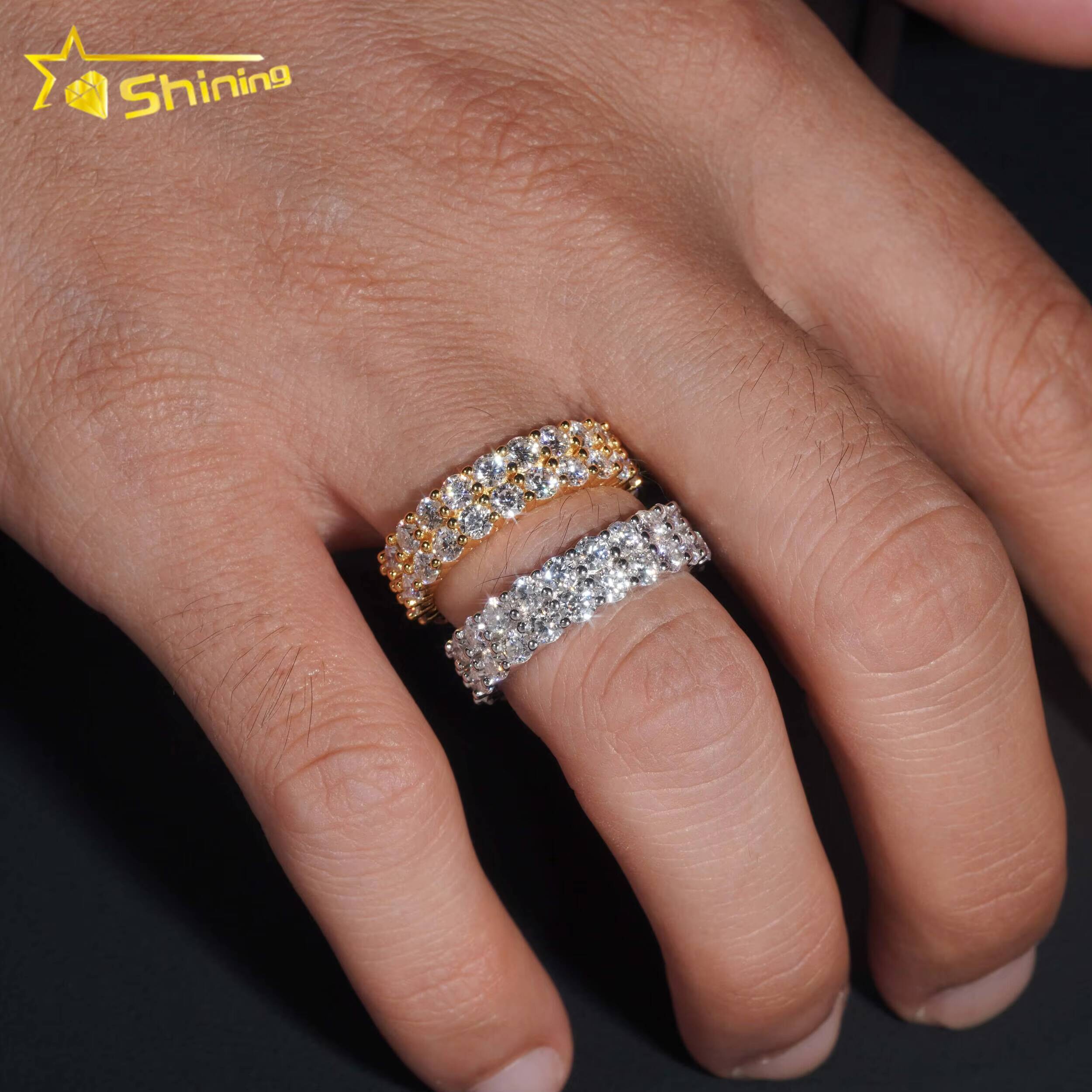 Fine Jewelry GRA Solid 925 Sterling Silver Gold Plated Iced Out Diamond Moissanite Fully Iced Double Rows Wedding Band Ring
