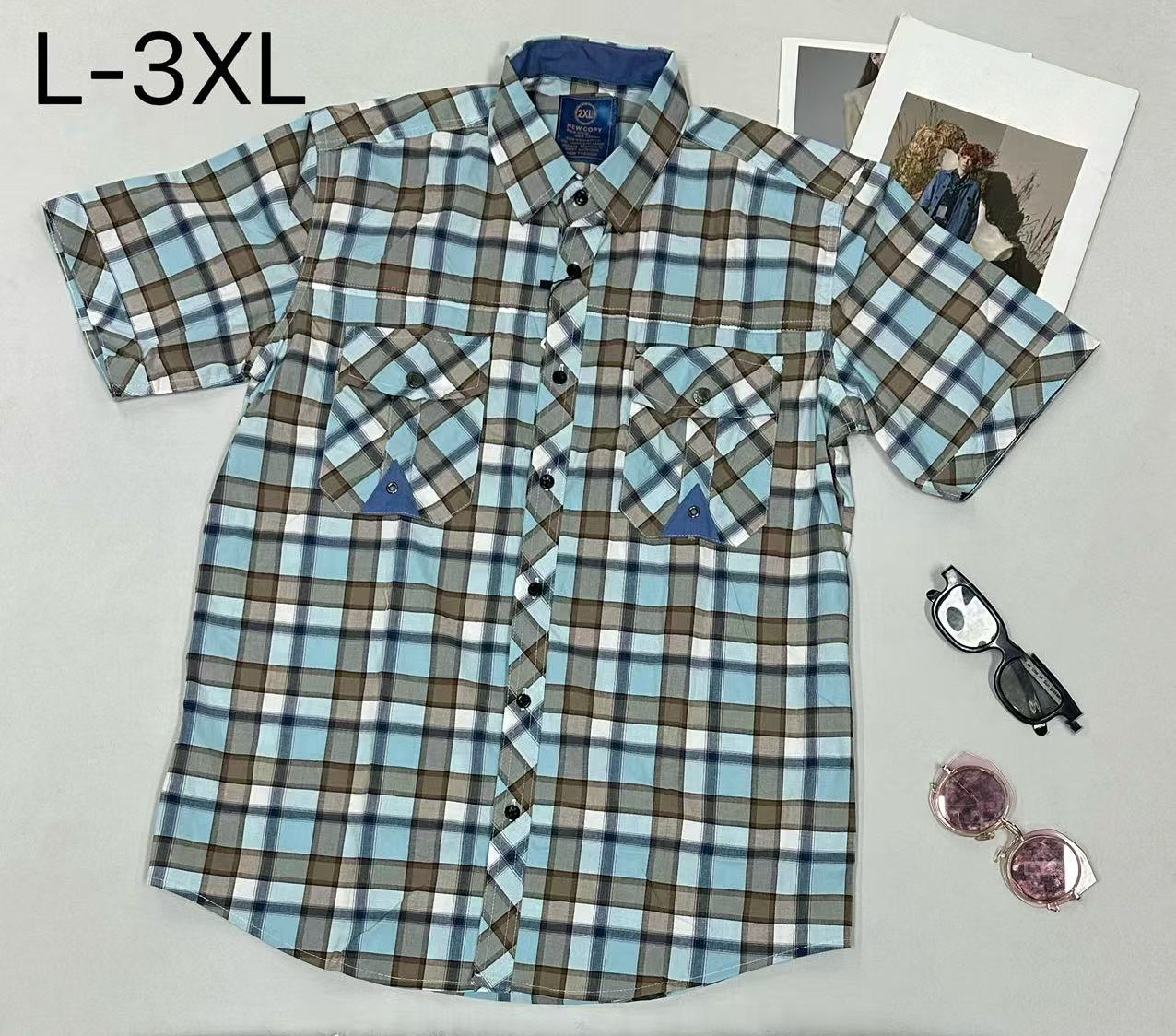 Men's Short-Sleeve Shirt - Cotton Poplin Plaid, Multi-Color Options, Double Chest Pockets, Casual Daily Style (Sizes L-3XL)- NO29