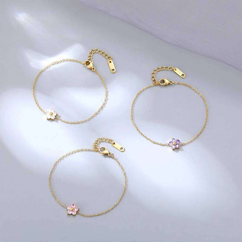 New Stainless Steel 16K Gold Plated Colorful Cubic Zirconia Flower for Women Girls Waterproof Dainty Bracelet Jewelry 25H1229