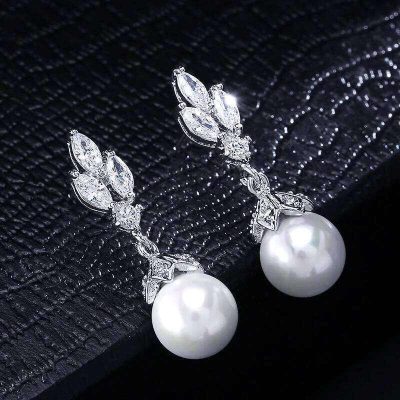 ZAKOL Fashion Sliver Color AAA CZ Pearl Dangle Earrings for Women Shiny Leaf Zircon Bridal Earring Wedding Party Jewelry