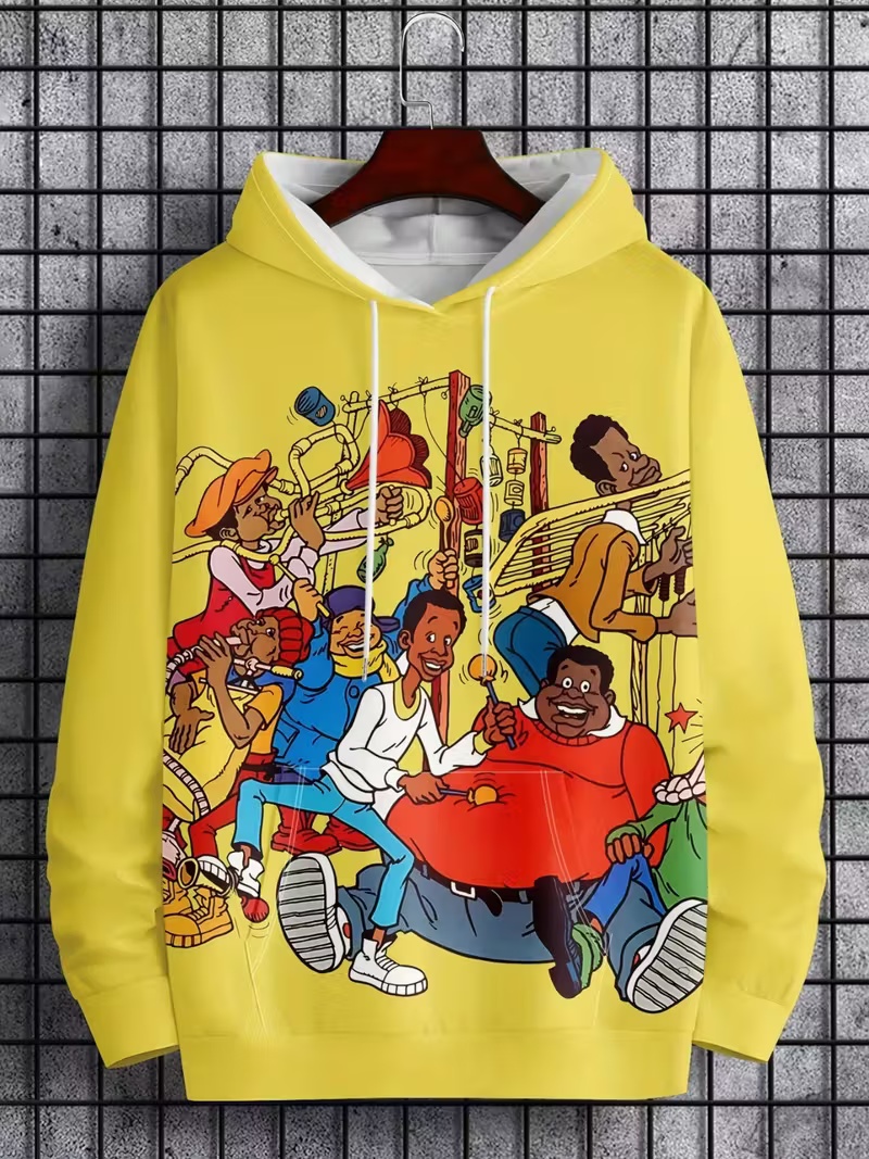 New Men's Hooded Sweatshirt Yellow Fun Cartoon Character Print Trendy Relaxed-Fit Casual Pullover Hoodie