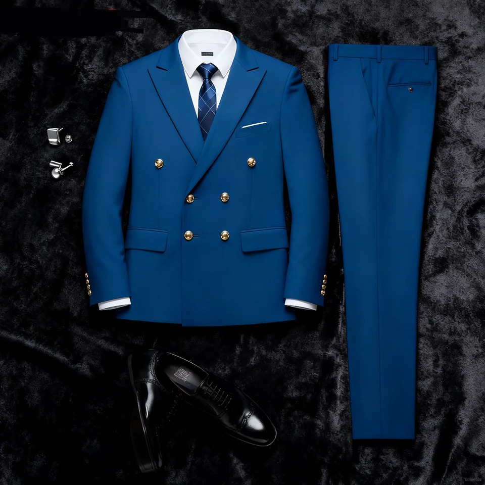 Mens Double Breasted Terno Slim Fit Black High Quality Wedding Party Dance Gold Buttoned Formal Suit Male Costume 251213