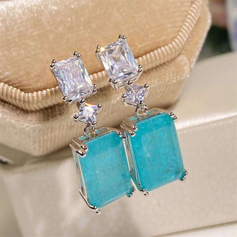 ZAKOL Elegant Blue Stone Dangle Earrings for Women Geometric Rectangle Zircon Wedding Party Ear Accessories