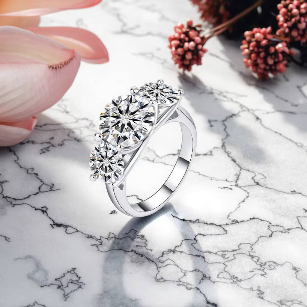 Telula 5ct Color Triple Stone Moissanite Rings S925 Sterling Silver 18k Plated Gra Certified Vvs Round Cut Moissanite Ring