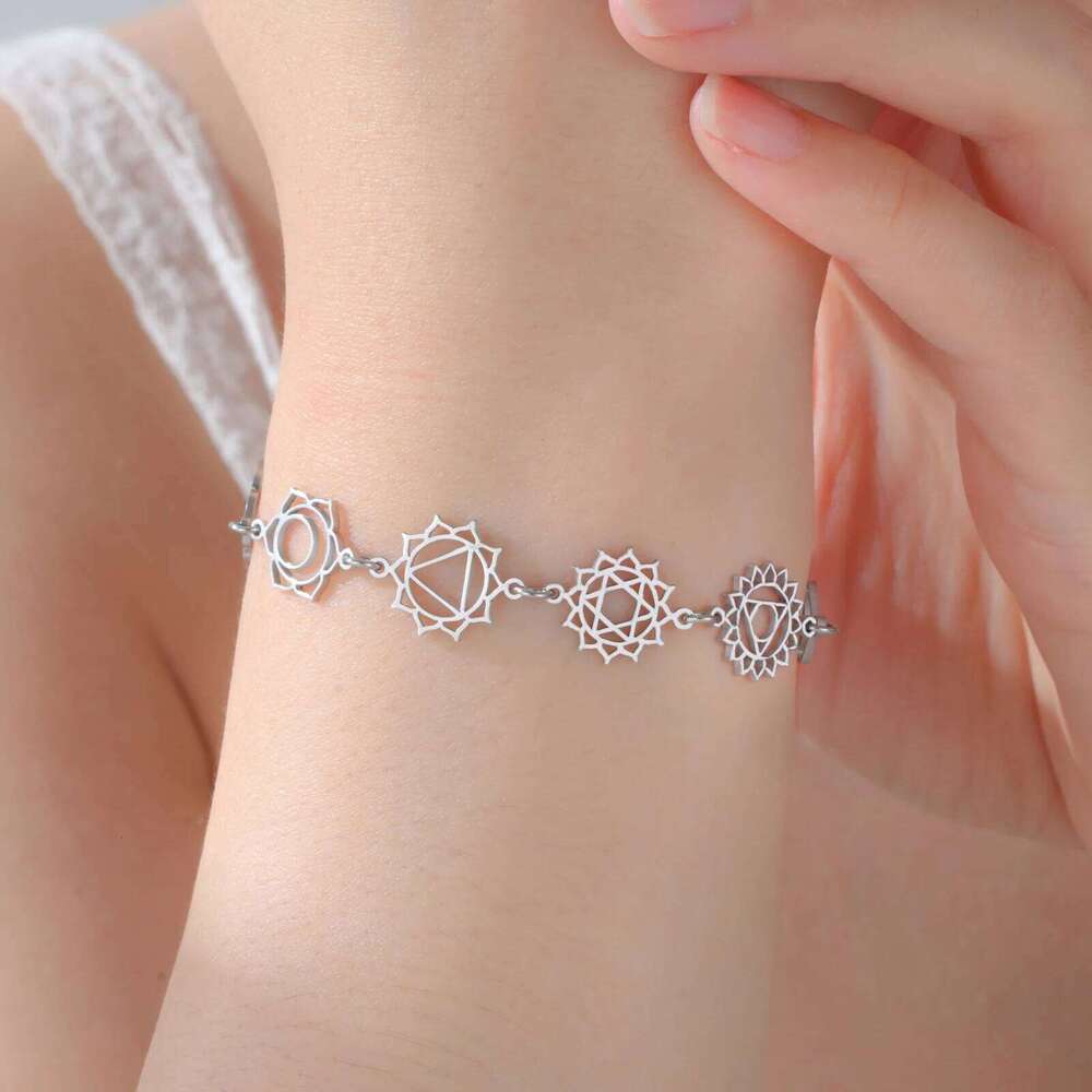 Skyrim 7 Chakras Yoga Charm Bracelet Stainless Steel Gold Color Hand Bracelets Women Spiritual Jewelry Birthday Gift New In 25H1229