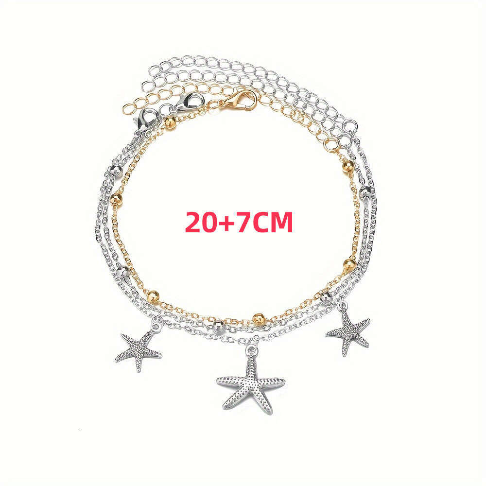 Summer Beach Starfish Pendant Beaded Three-Piece Set Round Bead O-Chain Three-Layer Stacked Fashion Women's Anklet