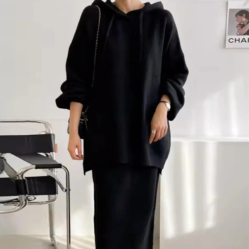 Chic Autumn Winter Vintage Lazy Sle Long Sve Hoodie Knitted Sweater Ba Split Knitted Skirt Set Womens Faion En 251219