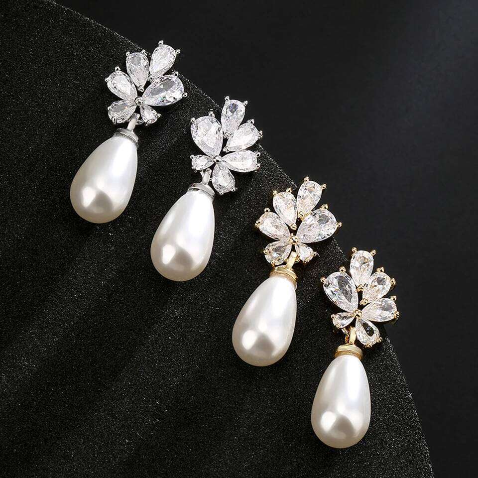 ZAKOL Delicate Chunky Teardrop Imitation Pearl Zircon Drop Earrings for Women White Gold Color Sparkling Crystal Bridal Earring