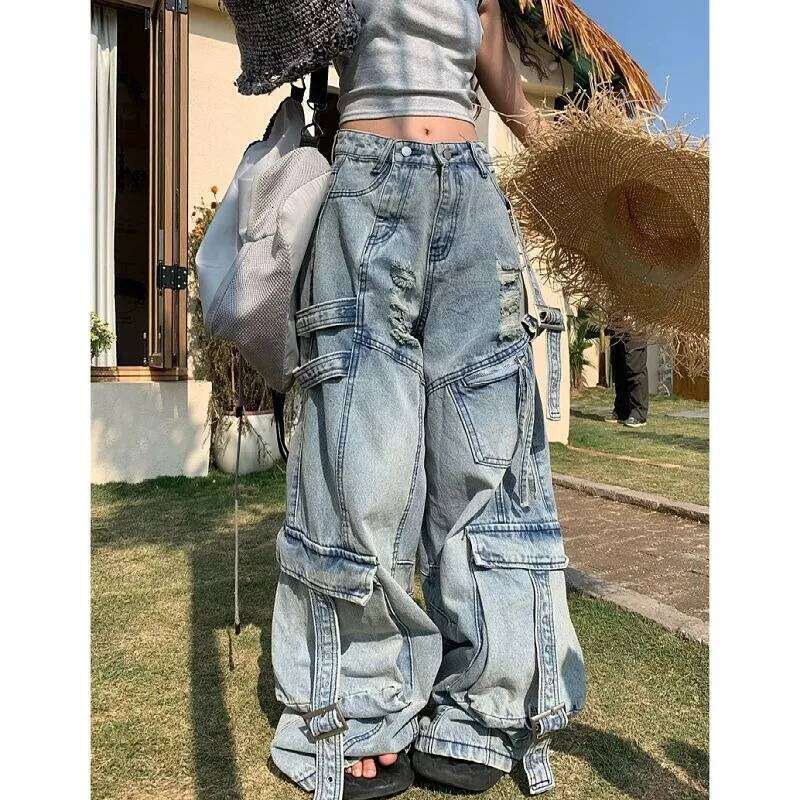 American Fashion Trends Joker Tooling Pocket Baggy Female Street Y2K New Hip Hop Oversized Wide-leg Pants Unisex Jeans